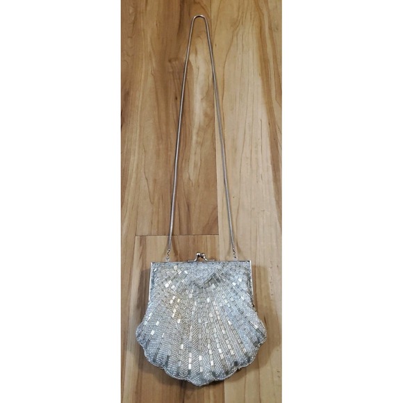 Pursuits Ltd Handbags - Silver Beaded Evening Clutch Purse Bag Crossbody Kiss Lock Retro Art Deco Style